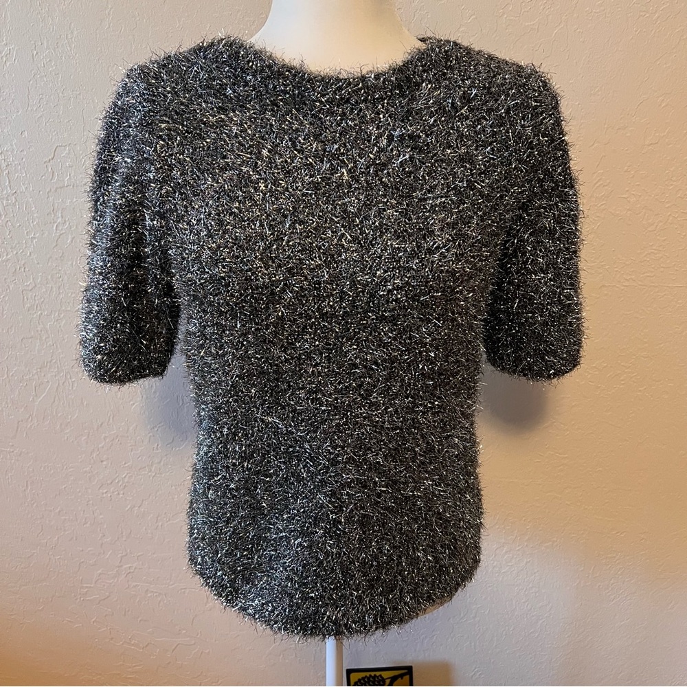 INC Black with Silver Metallic Short Sleeve Top Size L